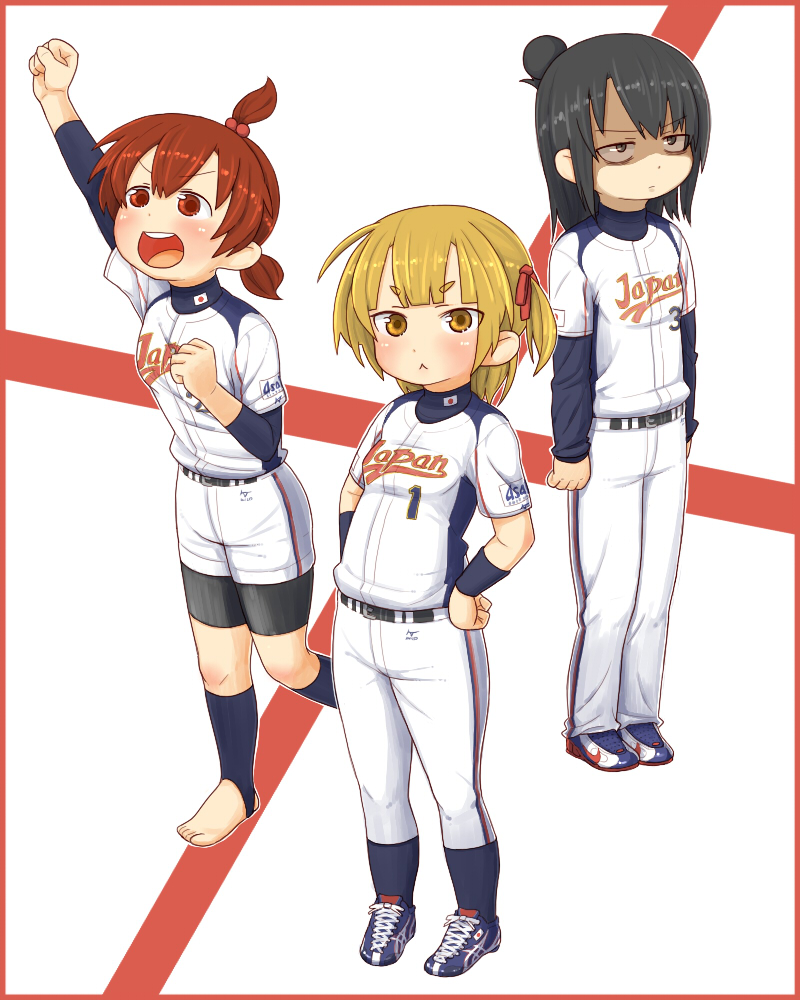 sanjou (weekly10), weekly10, marui futaba, marui hitoha, marui mitsuba, 2009 world baseball classic, mitsudomoe (manga), world baseball classic, bad id, bad pixiv id, 3girls, :<, barefoot, baseball, baseball uniform, bike shorts, black eyes, black hair, blonde hair, child, clothes writing, hair bobbles, hair bun, hair ornament, hair ribbon, japan, multiple girls, ponytail, ribbon, shaded face, short twintails, shorts, single hair bun, socks, sportswear, stirrup legwear, toeless legwear, twintails, yellow eyes