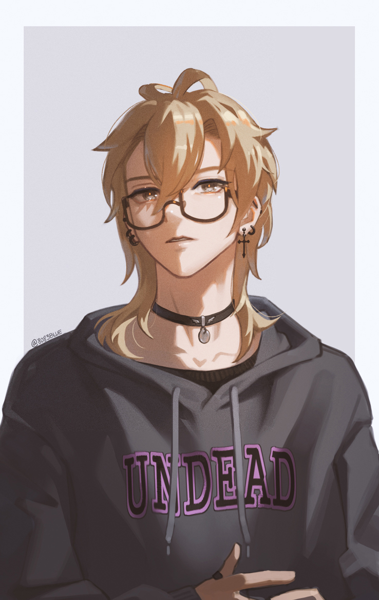 8083 blue, hakaze kaoru, ensemble stars!, commentary request, bespectacled, border, brown eyes, choker, clothes writing, collarbone, cross, cross earrings, drawstring, earrings, glasses, grey background, hair between eyes, hood, hooded jacket, jacket, jewelry, looking at viewer, male focus, parted lips, signature, white border