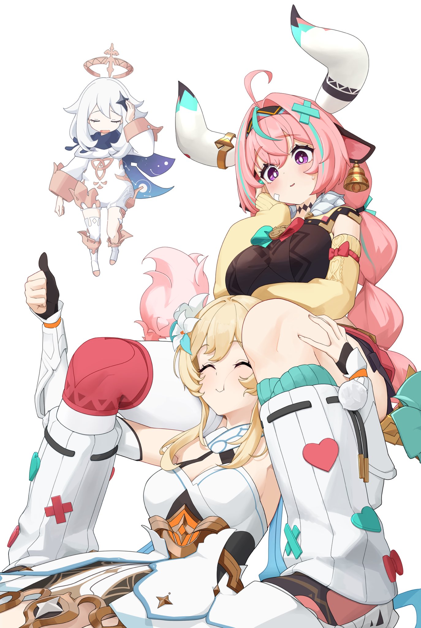 ryoku tyaba, lumine (genshin impact), paimon (genshin impact), varesa (genshin impact), genshin impact, highres, 3girls, animal ears, aqua hair, bell, bell earrings, black gloves, blonde hair, braid, breasts, closed eyes, closed mouth, cow ears, cow girl, cow horns, dress, earrings, fingerless gloves, flower, gloves, hair between eyes, hair flower, hair ornament, halo, horns, jewelry, long hair, long sleeves, medium breasts, multicolored hair, multiple girls, neck tattoo, open mouth, pink hair, purple eyes, smile, streaked hair, tattoo, thighhighs, twin braids, white background, white dress, white hair, white thighhighs, yellow sleeves