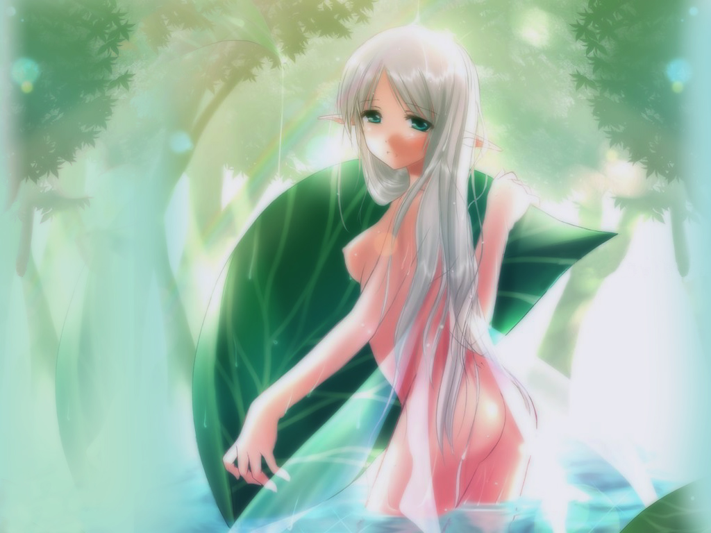 1girl, ass, breasts, elf, fairy, female focus, forest, leaf, mini person, minigirl, nature, nude, pointy ears, solo, water, wings