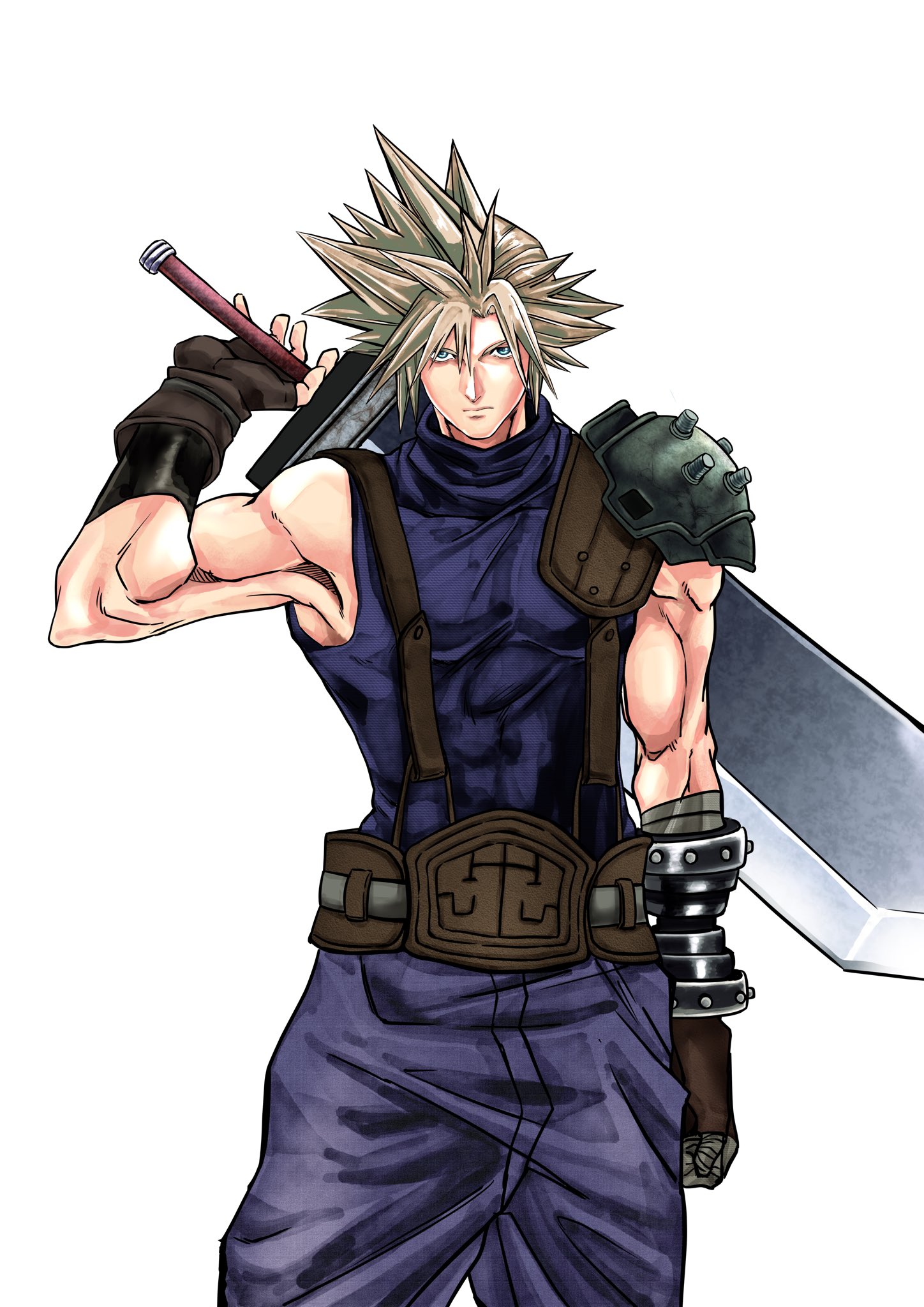 cloud strife, final fantasy, final fantasy vii, highres, 1boy, 1ttmkttm, black pants, black shirt, blonde hair, cowboy shot, holding, holding sword, holding weapon, male focus, muscular, muscular male, pants, shirt, simple background, solo, spiked hair, sword, weapon, white background