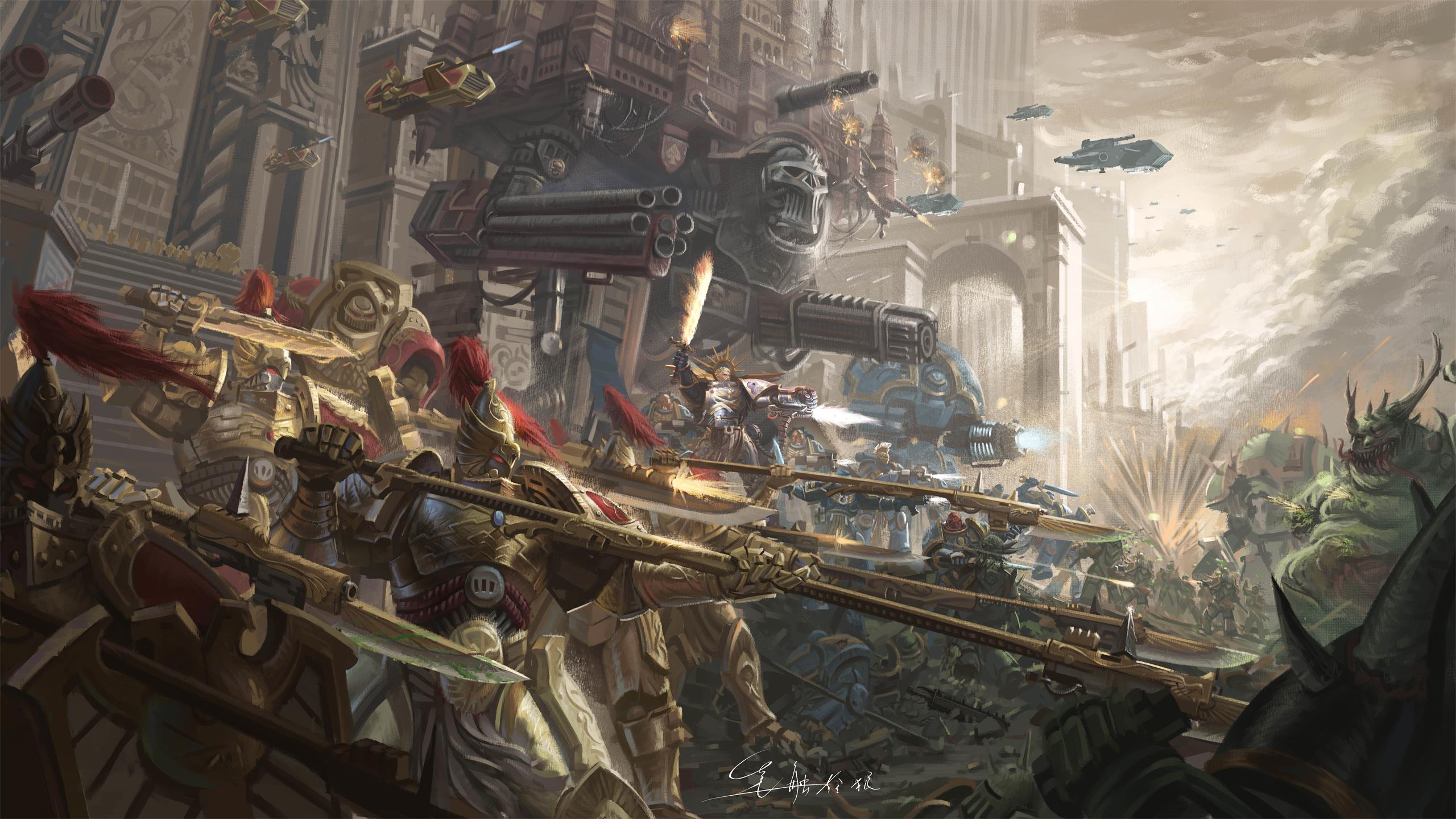 shouhui lang qun, adeptus astartes, adeptus custodes, chaos space marine, nurgle, plague marine, roboute guilliman, ultramarines, warhammer 40k, highres, 6+boys, armor, battle, blue armor, death guard, explosion, full armor, gold armor, gunship, helmet, horus heresy, multiple boys, pauldrons, polearm, power armor, shield, shoulder armor, spear, sword, tassel, thunderhawk (warhammer 40k), titan (warhammer 40k), weapon