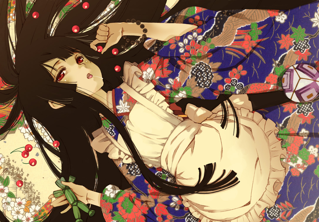 murasawa hiroshi, enma ai, jigoku shoujo, 00s, 1girl, apron, ball, black hair, blunt bangs, bracelet, cherry, doll, female focus, floral print, food, frilled apron, frills, fruit, hime cut, holding, holding food, holding fruit, japanese clothes, jewelry, kimono, long hair, long sleeves, open mouth, red eyes, saliva, solo, straw doll, temari ball, wide sleeves
