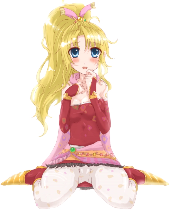 minnku, tina branford, dissidia final fantasy, final fantasy, final fantasy vi, bad id, bad pixiv id, 1990s (style), 1girl, blonde hair, blue eyes, blush, bow, cape, detached sleeves, dress, female focus, long hair, pantyhose, pink bow, ponytail, retro artstyle, ribbon, solo, white pantyhose
