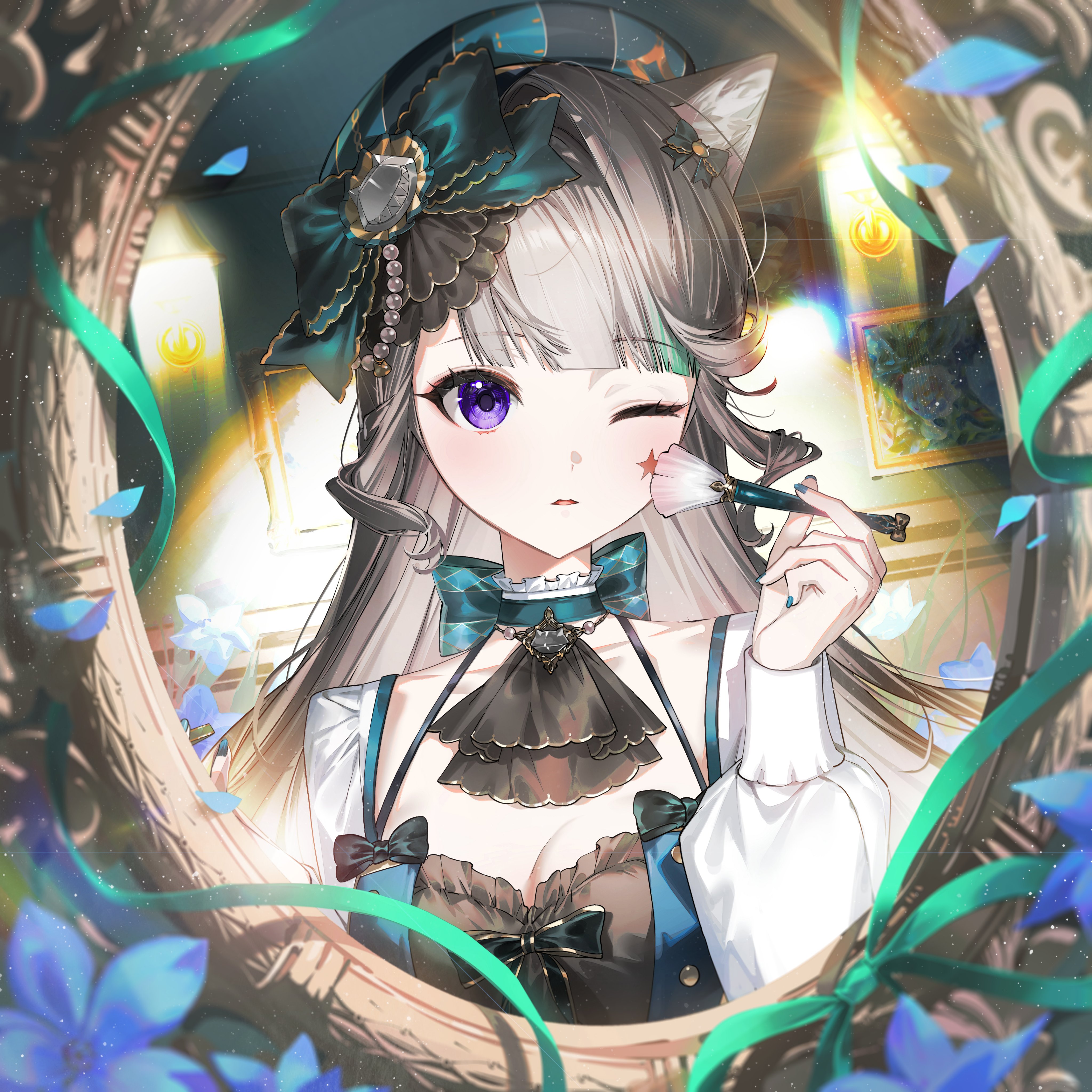 kkopoli, lynette (genshin cafe in seoul) (genshin impact), lynette (genshin impact), genshin impact, absurdres, highres, 1girl, alternate costume, animal ear fluff, animal ears, aqua nails, blush, bow, brown hair, cat ears, cat girl, dress, facial mark, green bow, grey hair, hair bow, hat, holding, holding brush, holding makeup brush, long hair, long sleeves, looking at viewer, makeup brush, mirror, one eye closed, purple eyes, solo, star (symbol), star facial mark