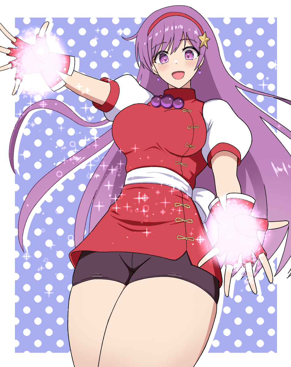mayomaru, mayomaru1, asamiya athena, snk, the king of fighters, highres, 1girl, bike shorts, breasts, cameltoe, curvy, dress, female focus, gloves, hairband, hands up, huge breasts, large breasts, long hair, looking at viewer, magic, magical girl, open mouth, pale skin, pants, purple eyes, purple hair, shirt, skirt, smile, smiley face, star (symbol), thick thighs, thighs, tight clothes, tight pants