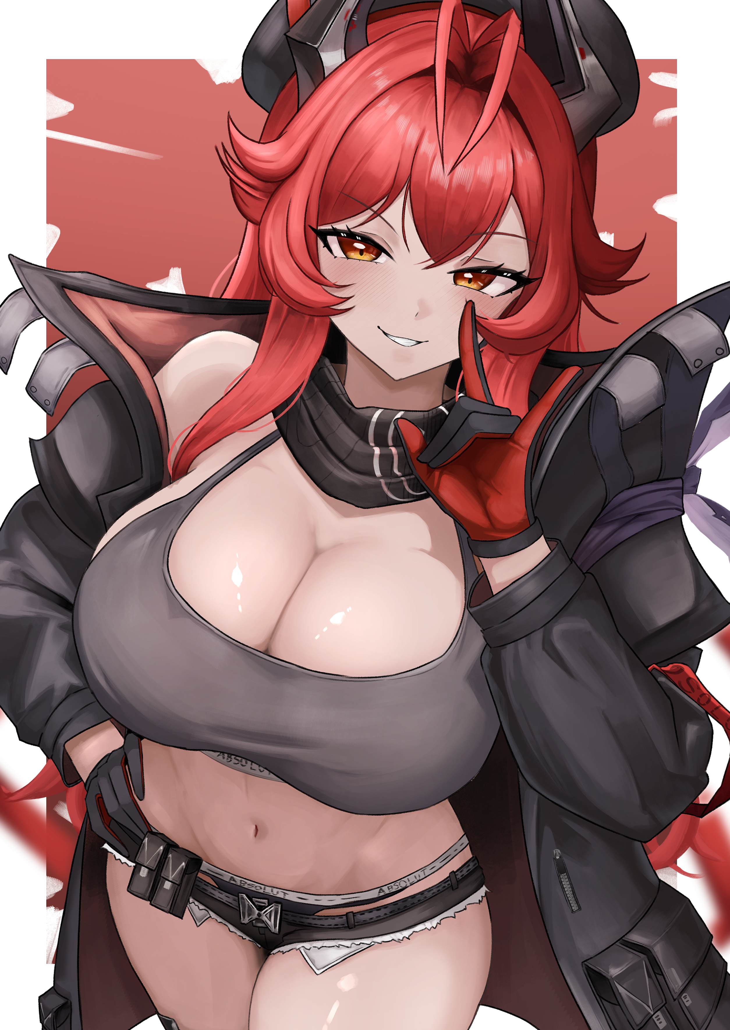 small chair (xiaosaiyi33818), eunhwa (nikke), eunhwa (tactical upgrade) (nikke), red hood (nikke), goddess of victory: nikke, absurdres, commentary request, highres, korean commentary, 1girl, n/, ahoge, antenna hair, black coat, black shorts, border, breasts, cleavage, coat, cosplay, eunhwa (nikke) (cosplay), grey pantyhose, grey tank top, horns, large breasts, long hair, mechanical horns, micro shorts, midriff, navel, orange eyes, pantyhose, red background, red hair, shorts, solo, tank top, thighs, very long hair, white border