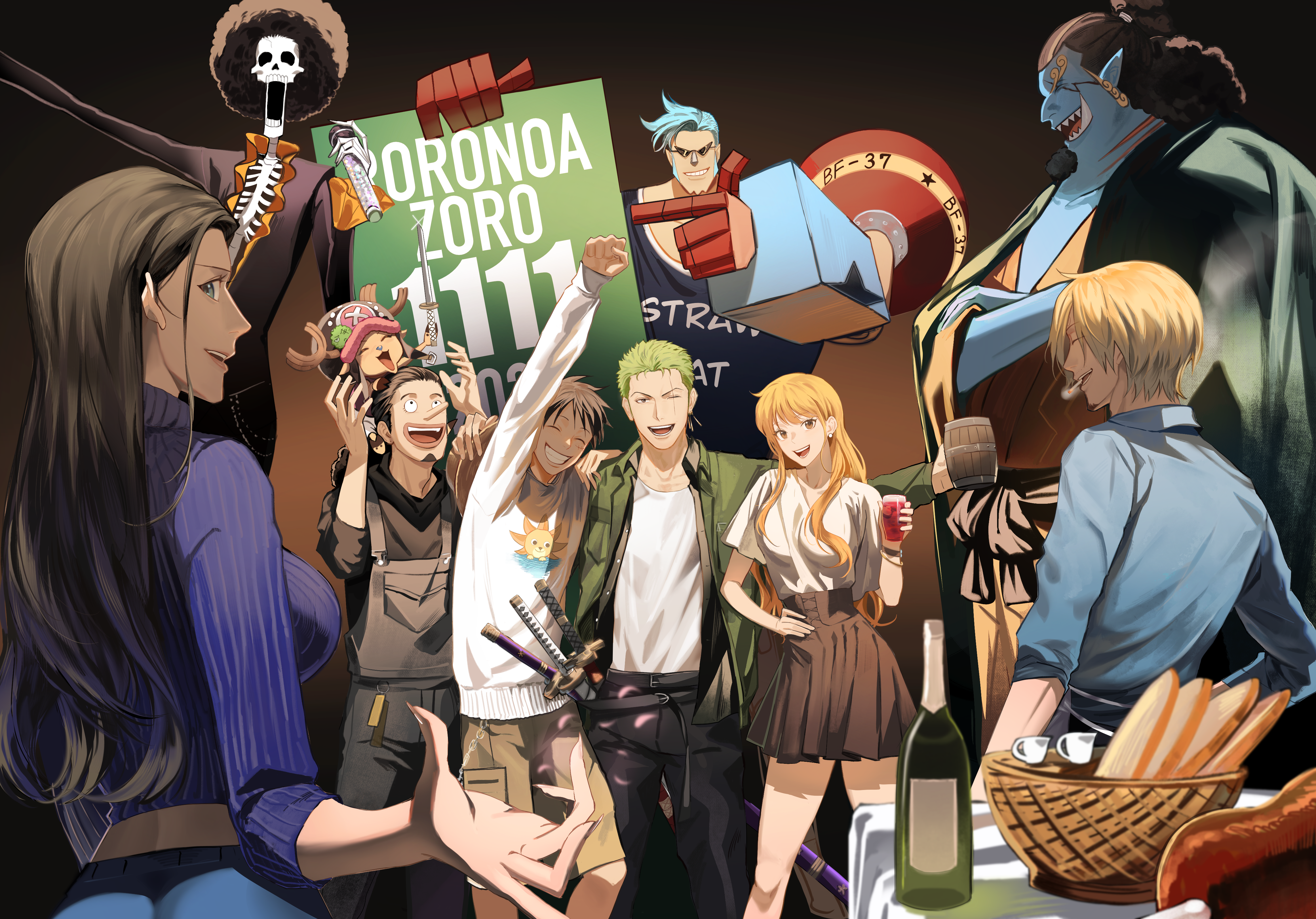 kotomine (a1569), brook (one piece), franky (one piece), jinbe (one piece), monkey d. luffy, nami (one piece), nico robin, roronoa zoro, sanji (one piece), tony tony chopper, usopp, one piece, absurdres, commentary request, highres, 2girls, 6+boys, alternate costume, birthday, blonde hair, casual, collared shirt, curly eyebrows, cyborg, facial hair, fish boy, goatee, green hair, group picture, hair over one eye, long nose, male focus, monster boy, multiple boys, multiple girls, pants, scar, scar across eye, scar on face, shirt, short hair, skeleton, straw hat pirates, sunglasses