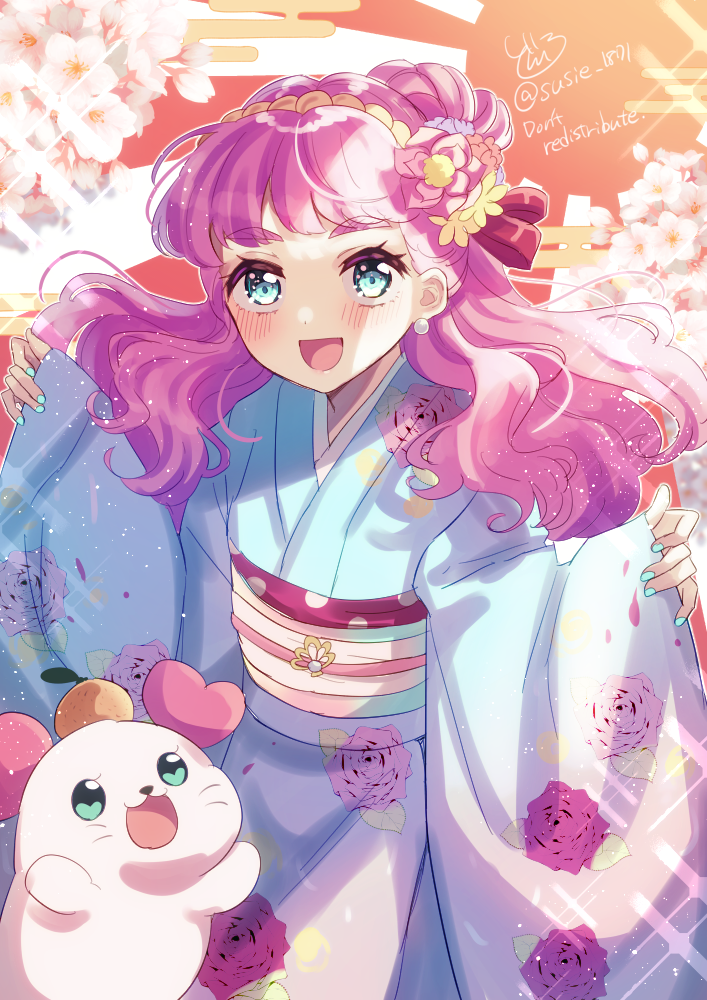 doroshii, kururun (precure), laura la mer, precure, tropical-rouge! precure, commentary request, 1boy, 1girl, aqua eyes, aqua kimono, aqua nails, blush, earrings, floral print, flower, green eyes, hair flower, hair ornament, heart, heart in eye, japanese clothes, jewelry, kimono, long hair, long sleeves, looking at viewer, open mouth, pearl earrings, pink flower, pink hair, rose print, sleeves past wrists, smile, symbol in eye, twitter username, very long hair, wide sleeves