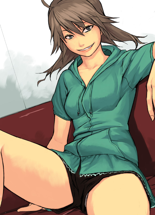 yuuji (and), original, bad id, bad pixiv id, 1girl, ahoge, black eyes, brown hair, fang, female focus, grin, long hair, shorts, smile, solo, spread legs
