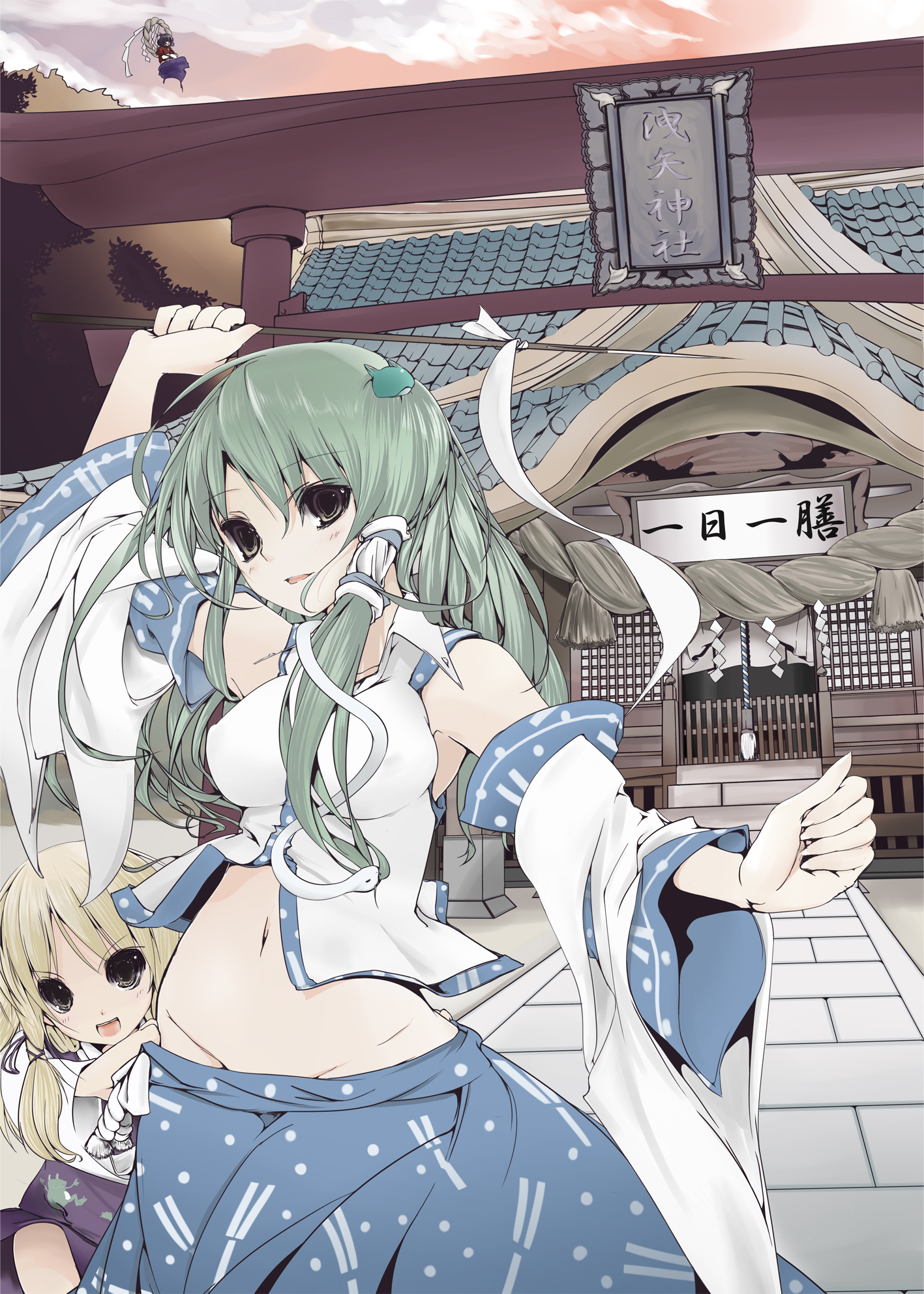 suzume miku, kochiya sanae, moriya suwako, yasaka kanako, touhou, bad id, bad pixiv id, highres, 3girls, armpits, blonde hair, clothes pull, detached sleeves, dress pull, female focus, floating, gohei, green hair, groin, midriff, multiple girls, navel, no headwear, no panties, rope, shide, shimenawa, shrine, smile, torii