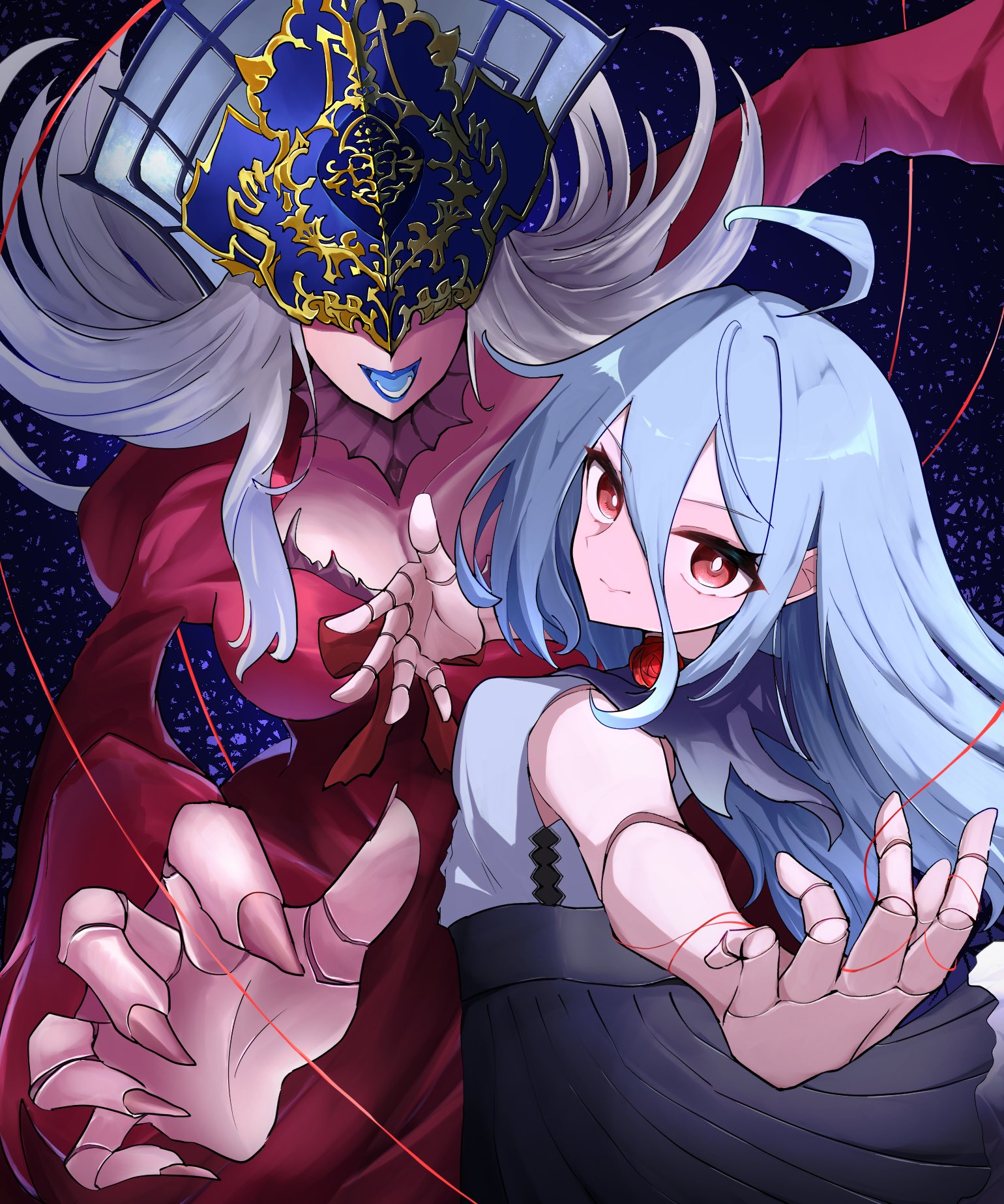 victoria (shadowverse), zwei (shingeki no bahamut), shadowverse, shadowverse: worlds beyond, shingeki no bahamut, highres, 2girls, ahoge, black skirt, blue lips, breasts, doll joints, dress, grey shirt, greyscale, high-waist skirt, joints, large breasts, lk nekoa, long hair, long sleeves, looking at viewer, mask, monochrome, multiple girls, puppet strings, red dress, red eyes, shirt, skirt, sleeveless, sleeveless shirt