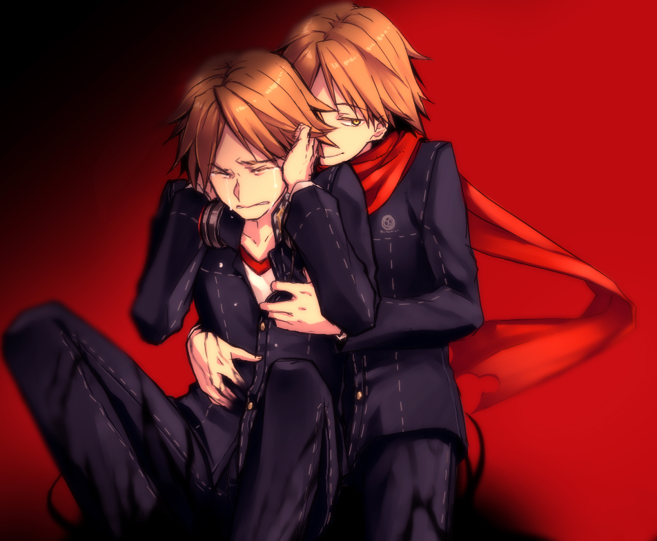 saeuchobab, tonkotsu ramen, hanamura yousuke, shadow (persona), shadow yousuke, atlus, persona, persona 4, bad id, bad pixiv id, 2boys, closed eyes, dark persona, dual persona, headphones, imminent rape, multiple boys, scarf, tears