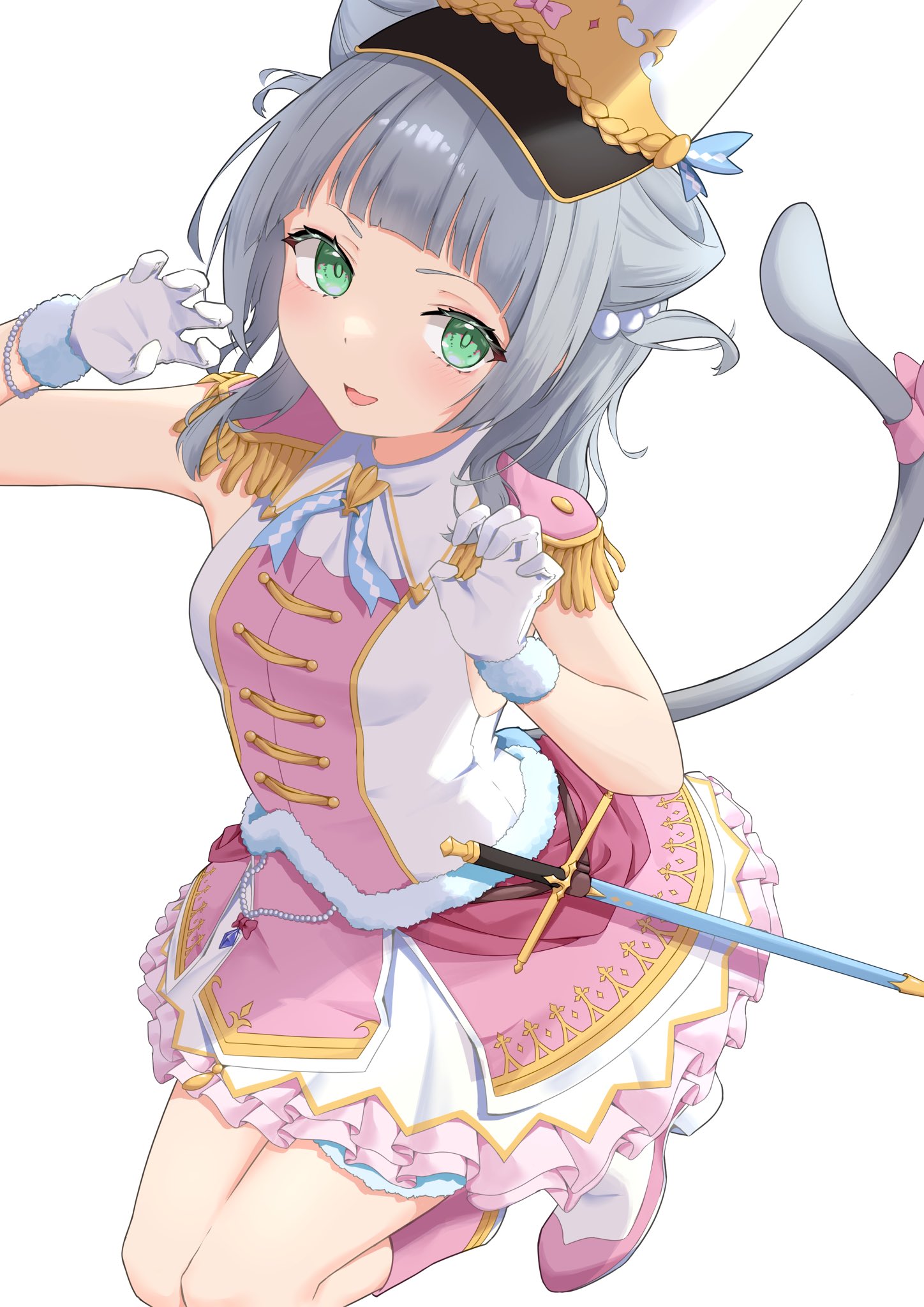 kashiwagi mia, ongeki, commentary request, highres, 1girl, animal ears, blush, boots, bow, cat ears, cat tail, epaulettes, full body, gloves, green eyes, hat, kinakollll, looking at viewer, open mouth, paw pose, pink skirt, skirt, sleeveless, smile, solo, tail, tail bow, tail ornament, white background, white gloves