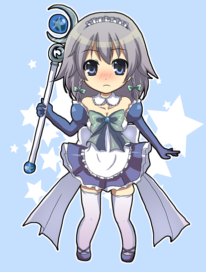 akaishi yui, izayoi sakuya, touhou, silver hair, bad id, bad pixiv id, 1girl, blush, braid, chibi, female focus, full body, magical girl, maid, solo, thighhighs, twin braids