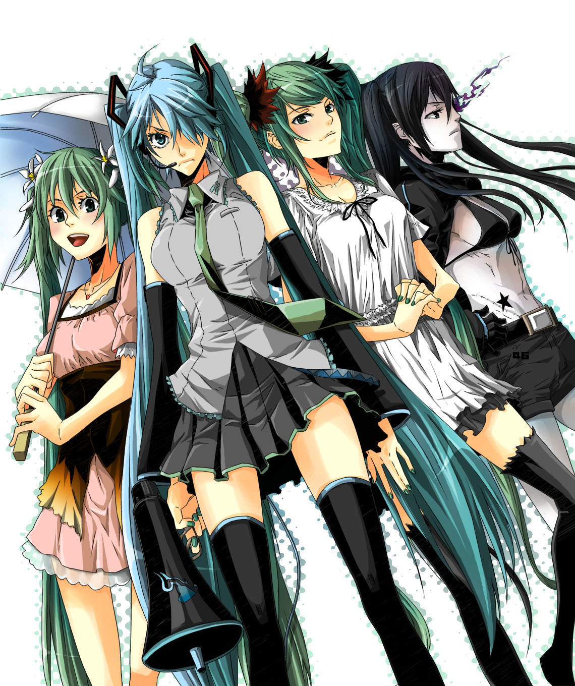 tanba anko, black rock shooter (character), hatsune miku, black rock shooter, koi wa sensou (vocaloid), melt (vocaloid), vocaloid, world is mine (vocaloid), highres, 10s, 4girls, bikini, bikini top only, black hair, black thighhighs, blue eyes, blue hair, creator connection, dress, green eyes, green hair, hair ornament, hair over one eye, megaphone, multiple girls, necktie, open mouth, shorts, skirt, songover, swimsuit, tattoo, thighhighs, umbrella