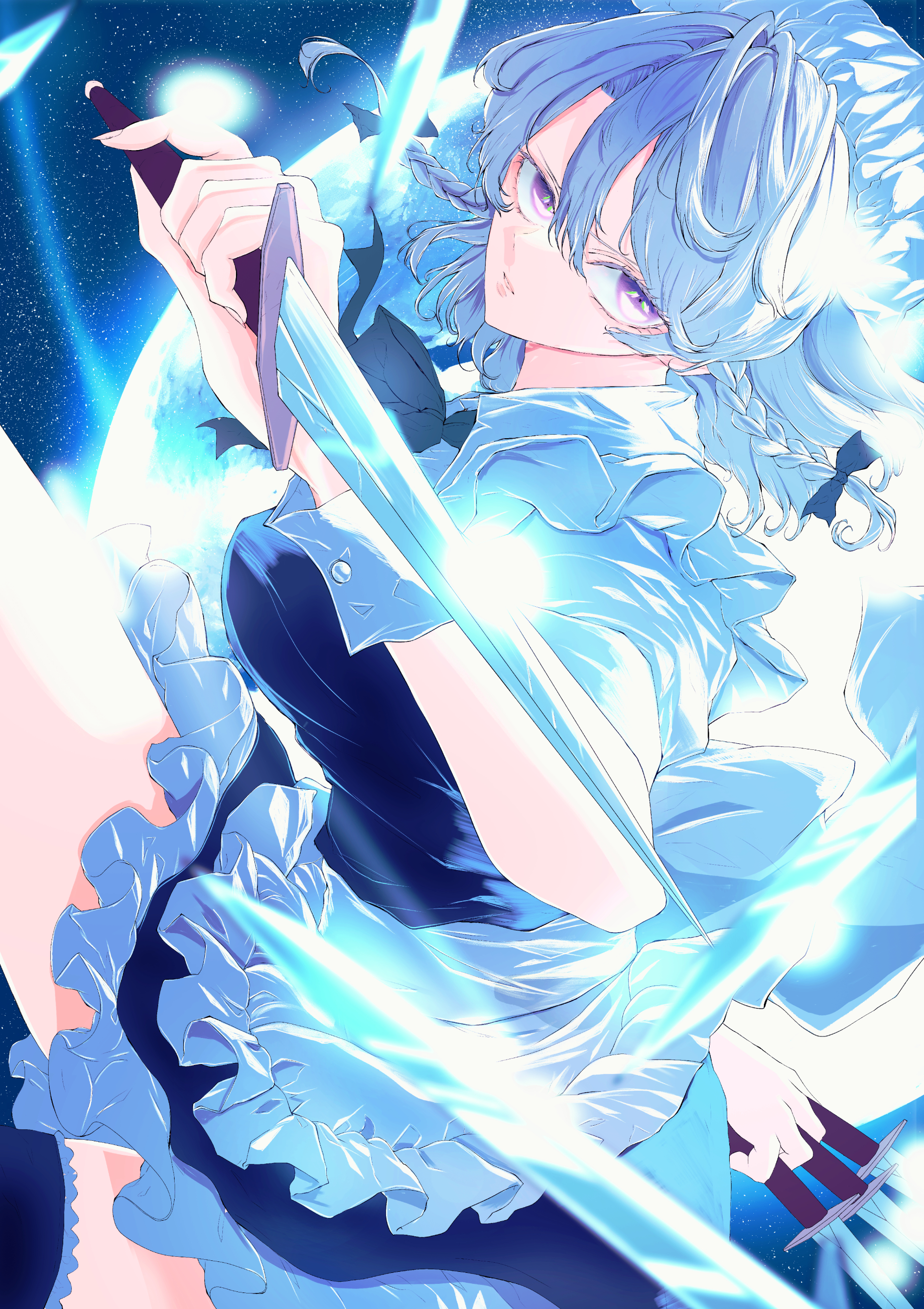 jan (lightdragoon), izayoi sakuya, touhou, absurdres, hashtag-only commentary, highres, 1girl, apron, bat wings, bow, braid, grey hair, hair bow, knife, maid, maid headdress, open mouth, purple eyes, ribbon, short hair, solo, twin braids, waist apron, wings