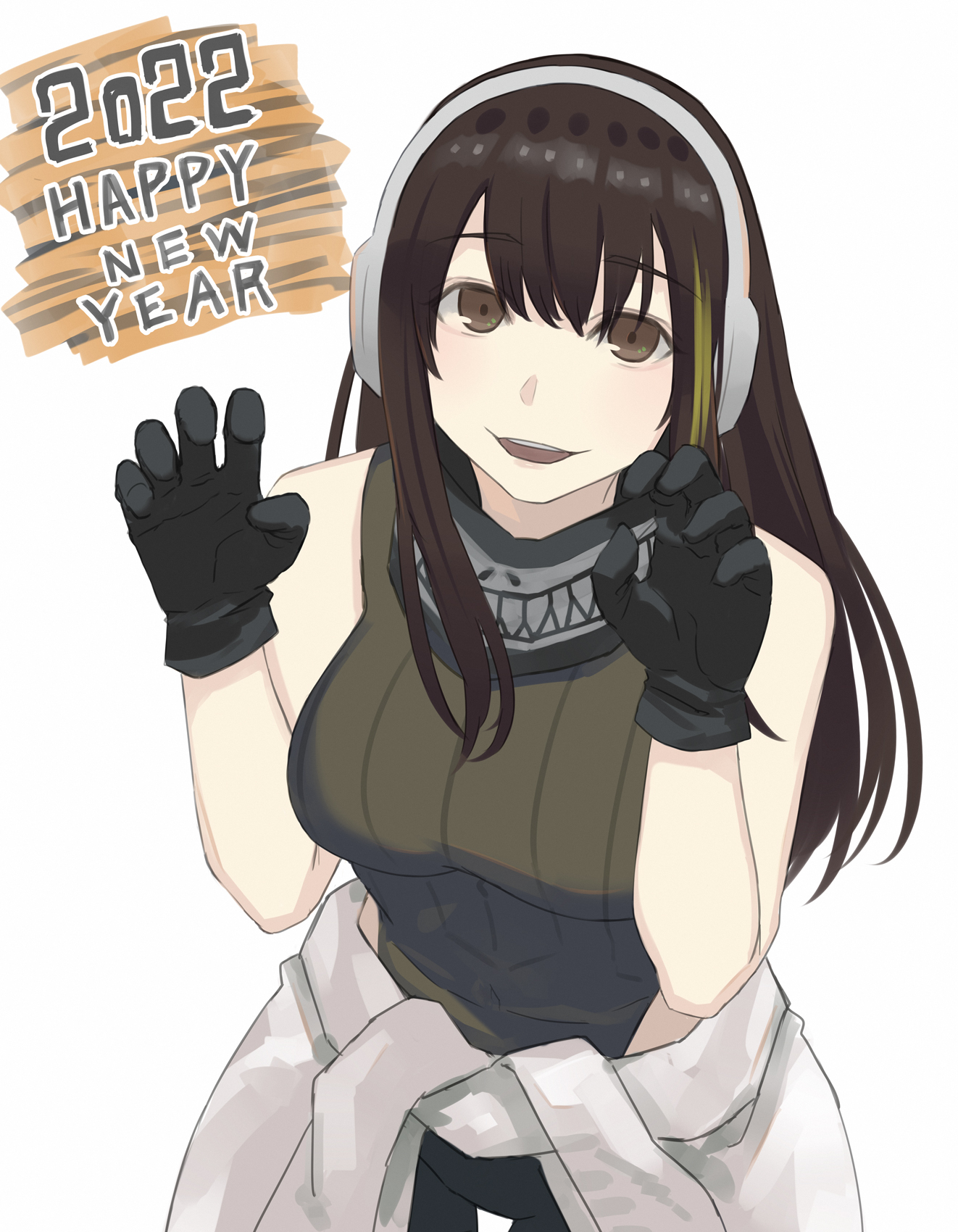 asakiri koko, m4a1 (girls' frontline), girls' frontline, highres, 1girl, :d, bare shoulders, breasts, brown eyes, brown hair, clothes around waist, green hair, headphones, large breasts, long hair, looking at viewer, multicolored hair, open mouth, scarf, simple background, smile, solo, two-tone hair, white background