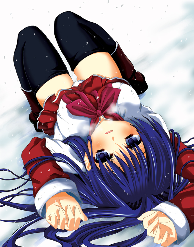 yukiomi haku, minase nayuki, kanon, bad id, bad pixiv id, 1girl, black thighhighs, blue eyes, blue hair, blush, female focus, foreshortening, from above, long hair, looking up, lying, matching hair/eyes, panties, red skirt, school uniform, skirt, snow, solo, thighhighs, underwear, zettai ryouiki
