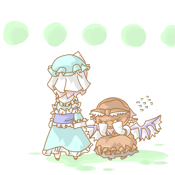 doromizu, mystia lorelei, saigyouji yuyuko, touhou, bad id, bad pixiv id, 2girls, charisma guard, chibi, cowering, dress, female focus, hat, multiple girls, squatting, white background, you gonna get raped