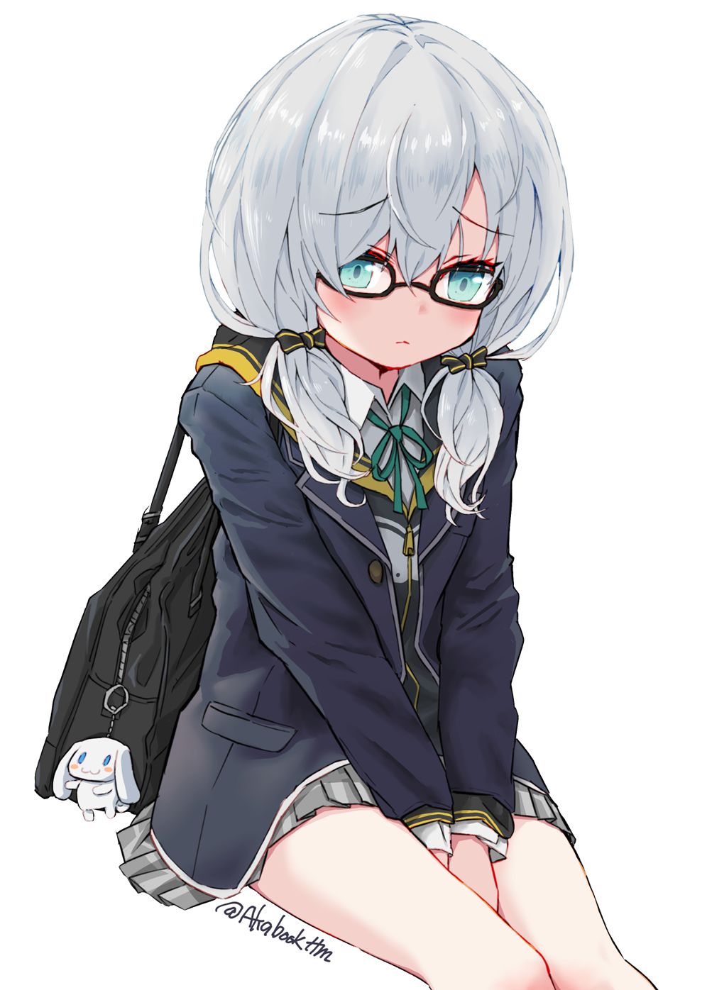tatami kami, ars almal, ars almal (4th costume), nijisanji, highres, 1girl, arm between legs, bag, bag charm, bespectacled, black-framed eyewear, black bow, blazer, blue eyes, blue jacket, blush, bow, charm (object), collared shirt, cowboy shot, glasses, grey hair, grey skirt, hair between eyes, hair bow, hair over shoulder, jacket, long sleeves, low twintails, medium hair, open clothes, open jacket, plaid clothes, plaid skirt, pleated skirt, school bag, shirt, shoulder bag, sitting, skirt, solo, striped bow, thighs, twintails, twitter username, virtual youtuber, white background, white shirt
