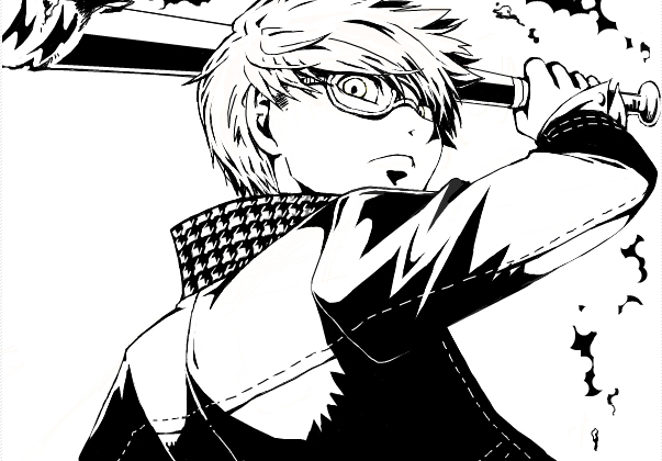 chinjuu hibakichi, narukami yu, atlus, persona, persona 4, 1boy, baseball bat, glasses, greyscale, looking back, male focus, monochrome, school uniform, short hair, solo