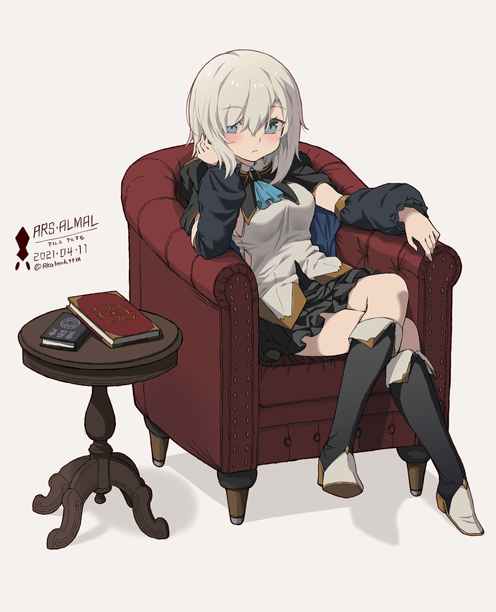 tatami kami, ars almal, ars almal (1st costume), nijisanji, highres, 1girl, aqua ascot, arm support, ascot, black boots, black cape, black skirt, black sleeves, blue ascot, blue eyes, book, boots, breasts, cape, closed mouth, couch, crossed legs, detached sleeves, frilled skirt, frills, hair between eyes, hood, hooded cape, large breasts, long sleeves, lught blush, miniskirt, on couch, pleated skirt, puffy long sleeves, puffy sleeves, shirt, short hair, skirt, sleeveless, solo, table, virtual youtuber, white background, white hair, white shirt, wooden table