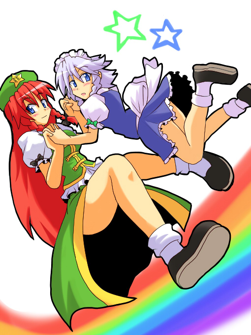 harukatron, hong meiling, izayoi sakuya, embodiment of scarlet devil, touhou, silver hair, 2girls, blue eyes, female focus, hairband, hat, maid, multiple girls, rainbow, red hair, ribbon, short hair, skirt, star (symbol), white background