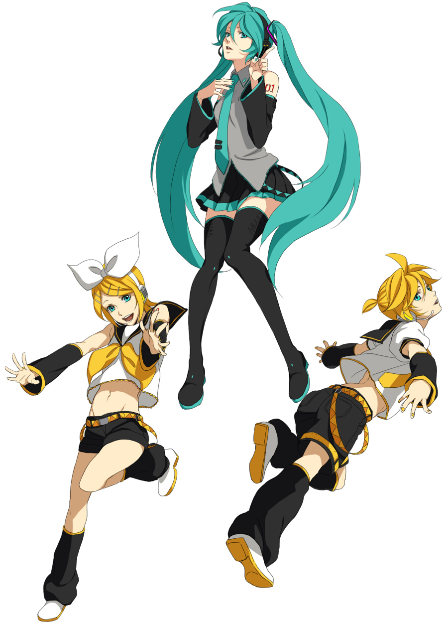 sakatsuki, hatsune miku, kagamine len, kagamine rin, vocaloid, bad id, bad pixiv id, highres, 1boy, 2girls, aqua eyes, aqua hair, aqua nails, belt, blonde hair, boots, bow, detached sleeves, hair bow, hair ornament, hairclip, headset, long hair, loose socks, midriff, miniskirt, multiple girls, nail polish, navel, necktie, pleated skirt, short hair, short shorts, shorts, siblings, skirt, smile, socks, thigh boots, thighhighs, twins, twintails, yellow nails, zettai ryouiki