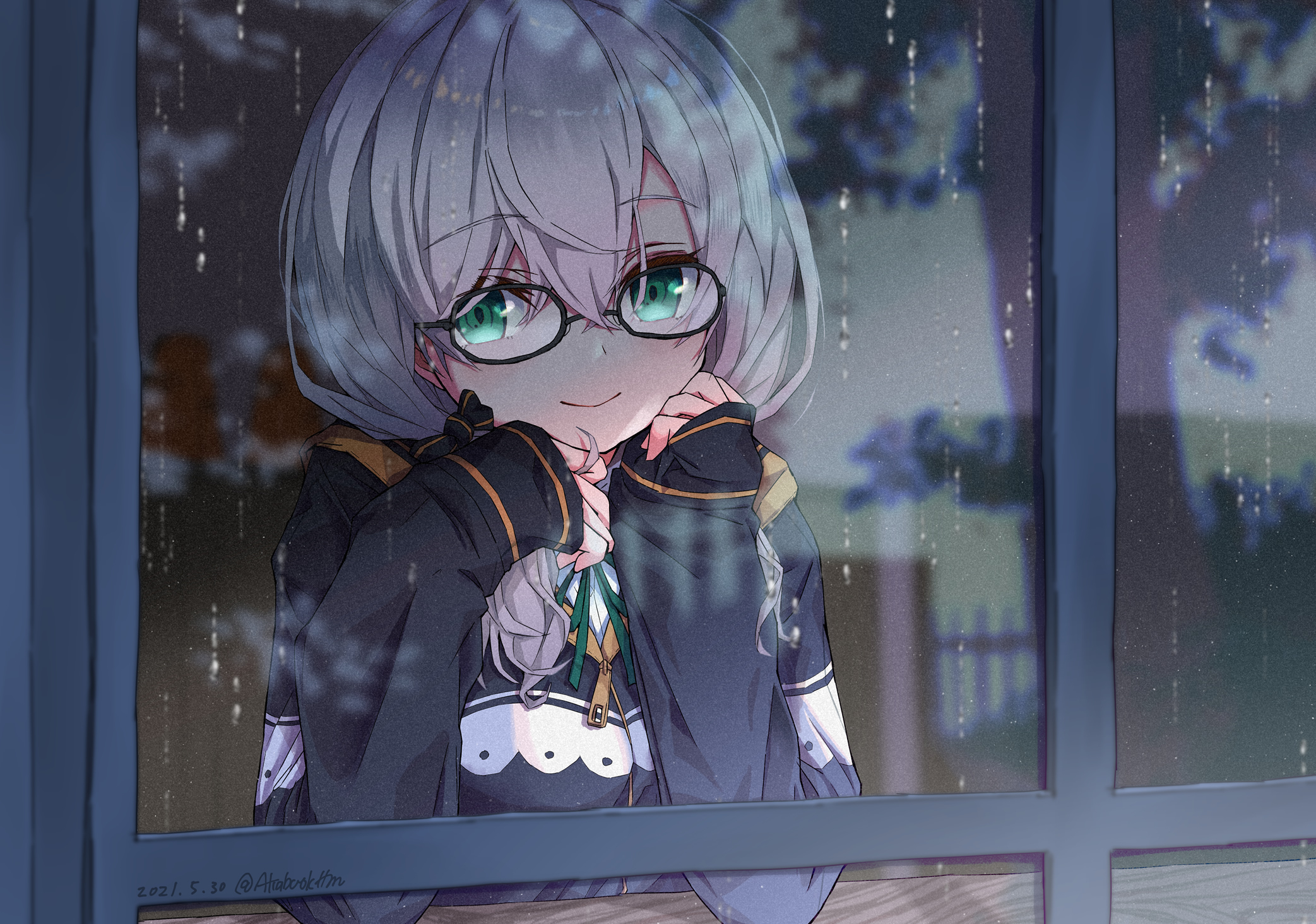 tatami kami, ars almal, ars almal (4th costume), nijisanji, highres, 1girl, arms on table, bespectacled, black-framed eyewear, black ribbon, blue jacket, book, bow, bowtie, breasts, closed mouth, elbow rest, glasses, green bow, green eyes, hair between eyes, hair bow, hair over shoulder, head on arm, head rest, indoors, jacket, long sleeves, low twintails, medium breasts, rain, reflection, ribbon, scenery, sleeves past wrists, smile, solo, twintails, upper body, virtual youtuber, water, water drop, white hair, window