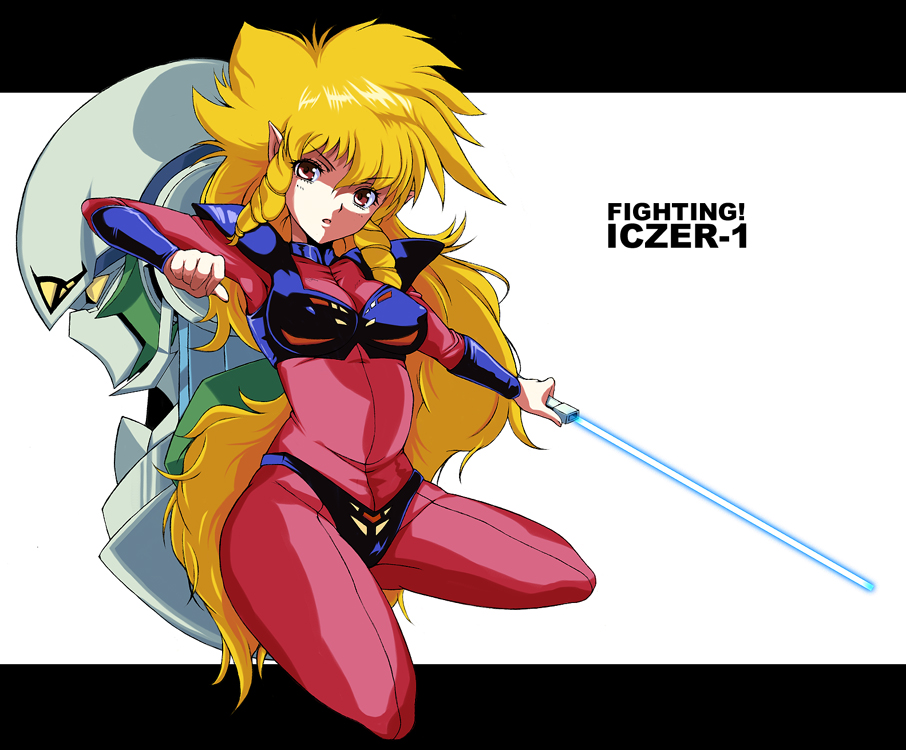 kannagi kaname, iczer-1, iczer robo, iczer (series), tatakae!! iczer-1, bad id, bad pixiv id, blonde hair, bodysuit, copyright name, energy sword, long hair, red eyes, shoulder pads, sword, very long hair, weapon
