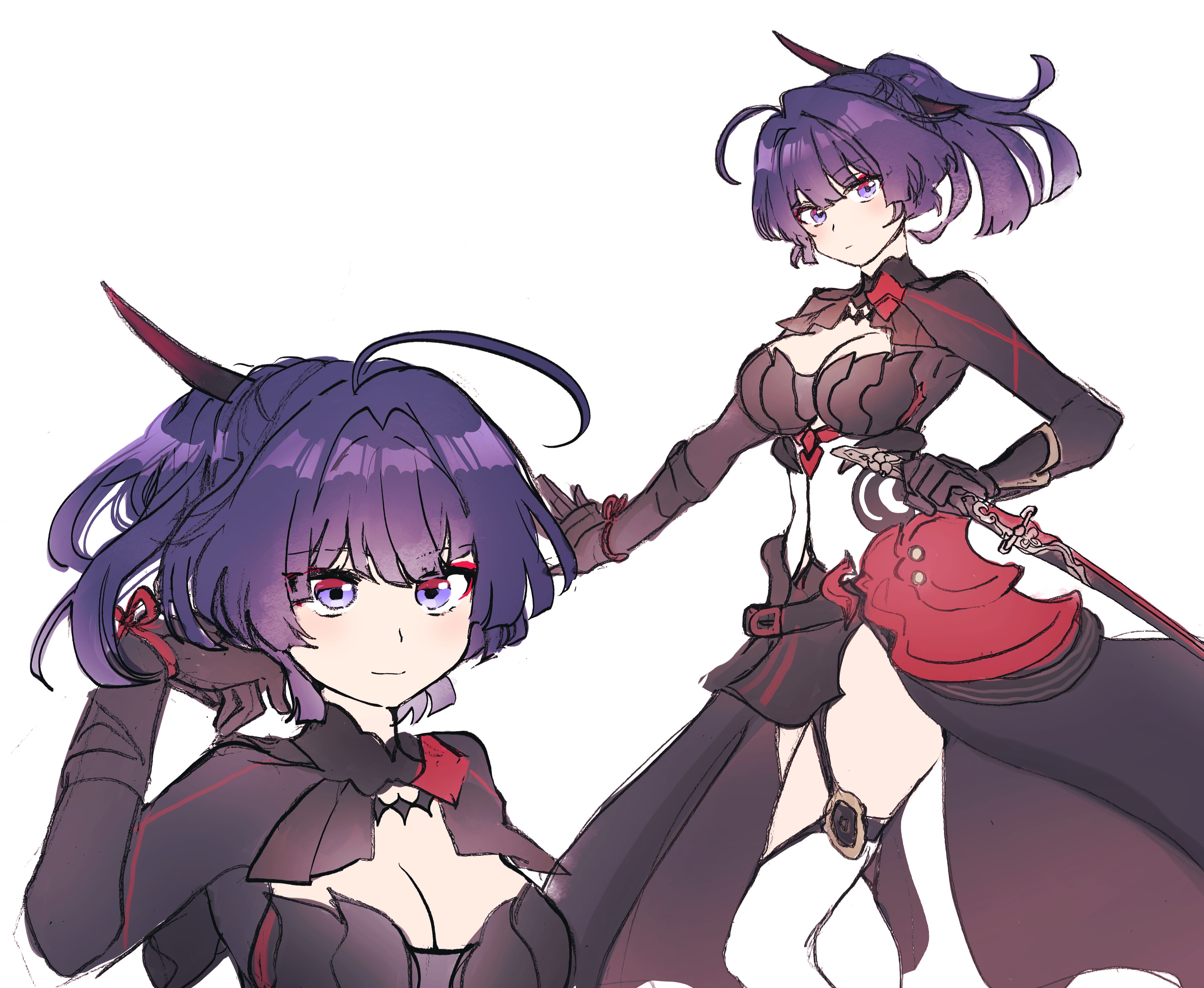 5rwpvc, raiden mei, raiden mei (danzai spectramancer), raiden mei (orochi cuirass), honkai (series), honkai impact 3rd, absurdres, highres, 1girl, ahoge, armor, armored dress, breasts, cleavage, cleavage cutout, closed mouth, clothing cutout, dress, holding, holding sword, holding weapon, katana, large breasts, long hair, looking at viewer, multiple views, ponytail, purple eyes, purple hair, simple background, smile, sword, thighhighs, weapon, white background, white thighhighs