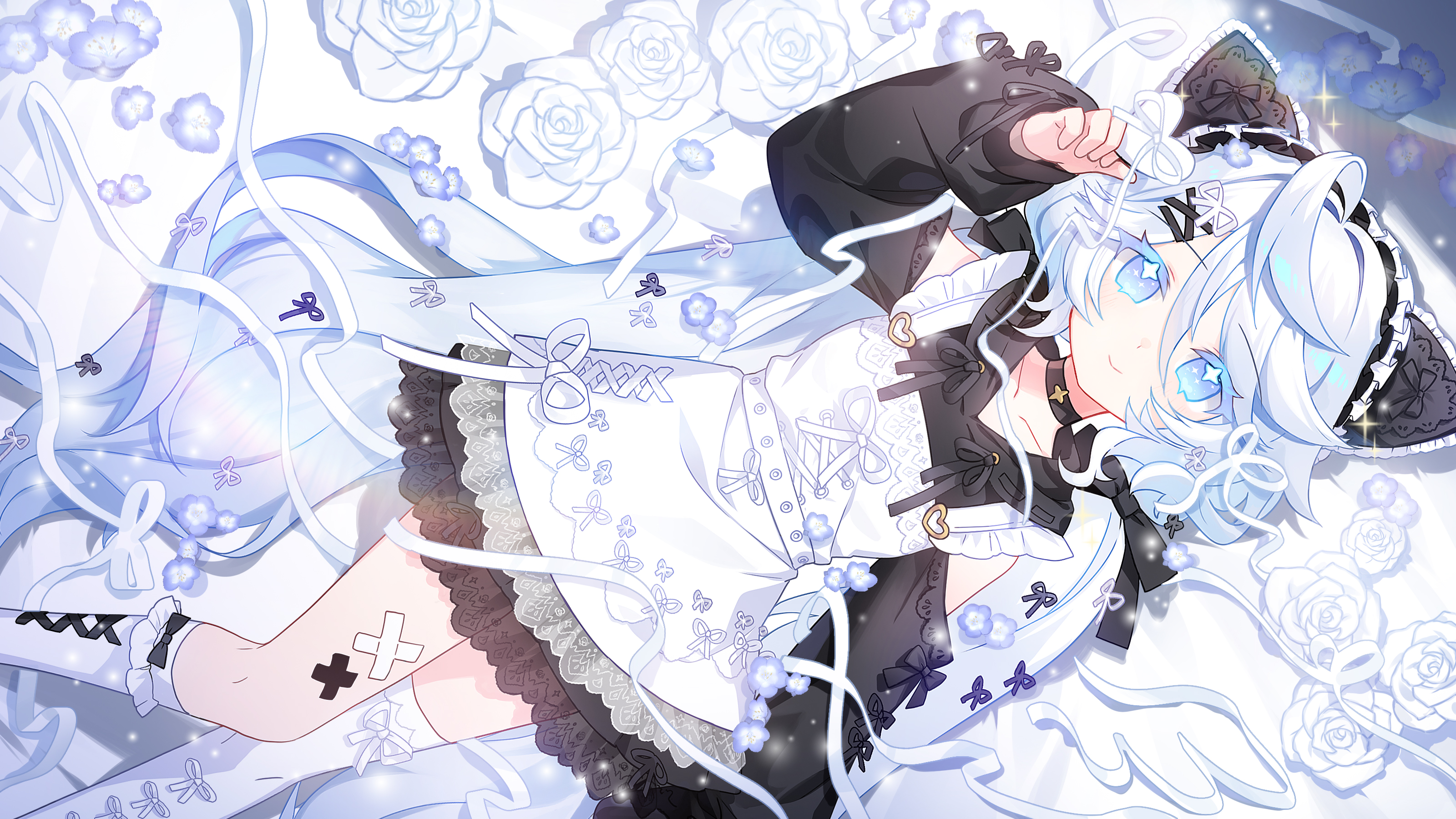 apple caramel, absurdres, commentary request, commission, copyright request, highres, pixiv commission, 1girl, apron, arm up, bed sheet, black dress, blue eyes, blue flower, boots, closed mouth, colored eyelashes, dress, flower, grey hair, hair between eyes, knee boots, kneehighs, long hair, long sleeves, looking at viewer, lying, on back, puffy long sleeves, puffy sleeves, rose, single knee boot, single kneehigh, single sock, single thigh boot, smile, socks, solo, thigh boots, very long hair, white apron, white boots, white flower, white rose, white socks