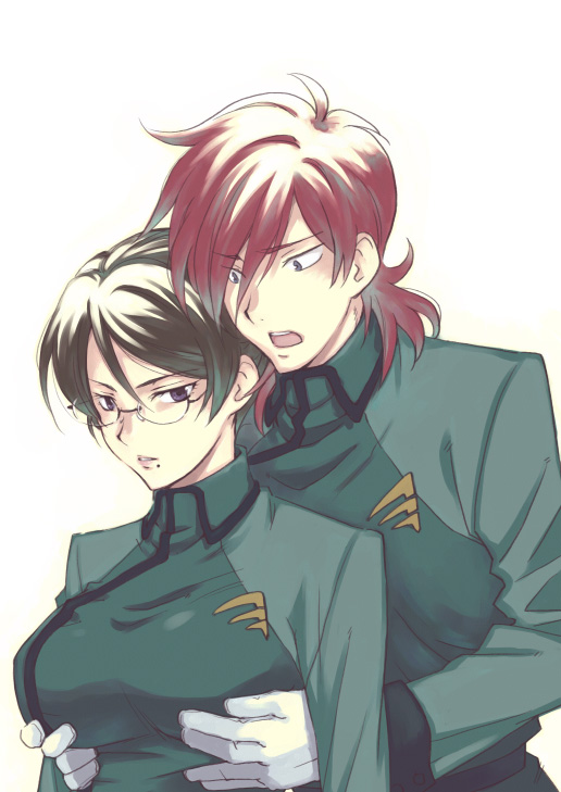 bannou negi, negie, kati mannequin, patrick colasour, gundam, gundam 00, bad id, bad pixiv id, 00s, 1boy, 1girl, black hair, breasts, breasts squeezed together, couple, glasses, gloves, groping, hetero, hug, hug from behind, large breasts, military, military uniform, purple eyes, red hair, simple background