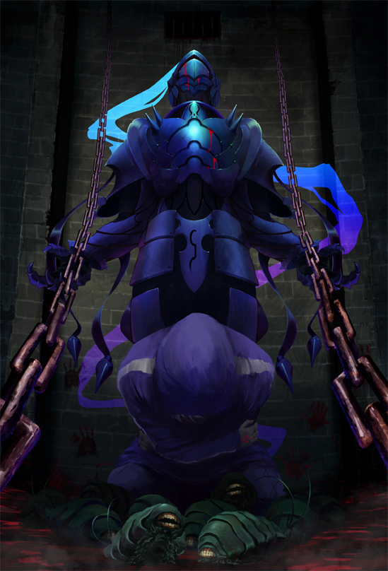 ubu, berserker (fate/zero), matou kariya, fate/stay night, fate/zero, fate (series), type-moon, 00s, 2boys, armor, blood, chain, crest worm, full armor, helmet, hood, hoodie, knight, male focus, multiple boys, worm