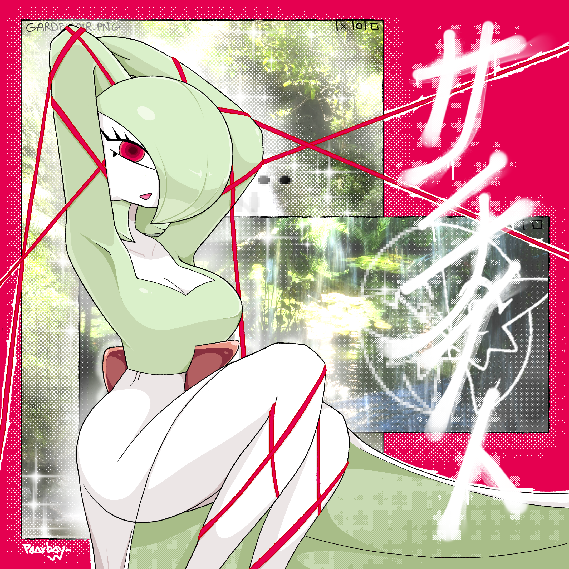 pearboy-ooh, gardevoir, nintendo, pokemon, highres, translation request, 1girl, :<, armpits, arms up, artist name, bob cut, bound, breasts, character name, cleavage, collarbone, colored skin, female focus, gen 3 pokemon, green hair, green skin, hair over one eye, japanese text, knees up, looking at viewer, medium breasts, mixed-language text, multicolored skin, one eye covered, open mouth, photo background, pokemon (creature), red eyes, red ribbon, ribbon, ribbon bondage, short hair, signature, sitting, sparkle, two-tone skin, white skin