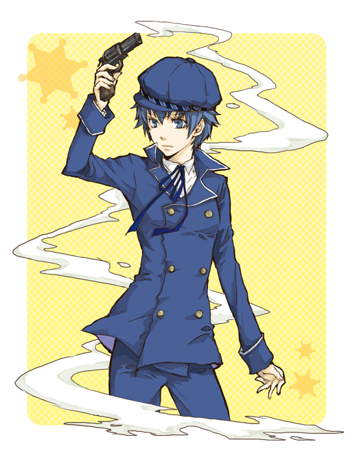 umechiui, shirogane naoto, atlus, persona, persona 4, 1girl, androgynous, blue eyes, blue hair, female focus, gun, handgun, hat, matching hair/eyes, newsboy cap, pistol, reverse trap, revolver, school uniform, short hair, solo, weapon