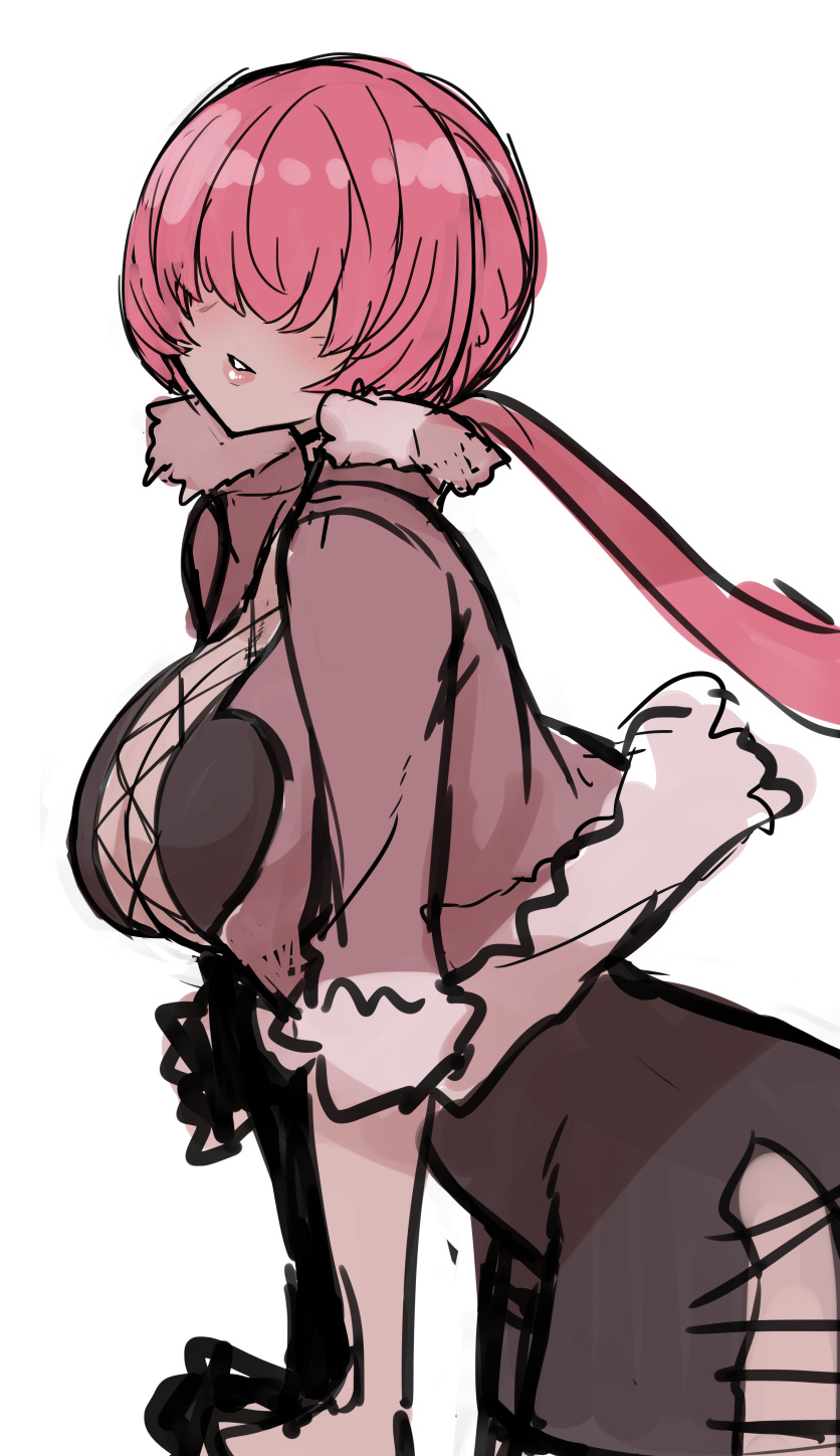 sumiyao (amam), shermie (kof), snk, the king of fighters, highres, 1girl, smiyao, breasts, cleavage, dress, female focus, fluffy, huge breasts, jacket, large breasts, long hair, pale skin, ponytail, red hair, skirt, thick thighs, thighs