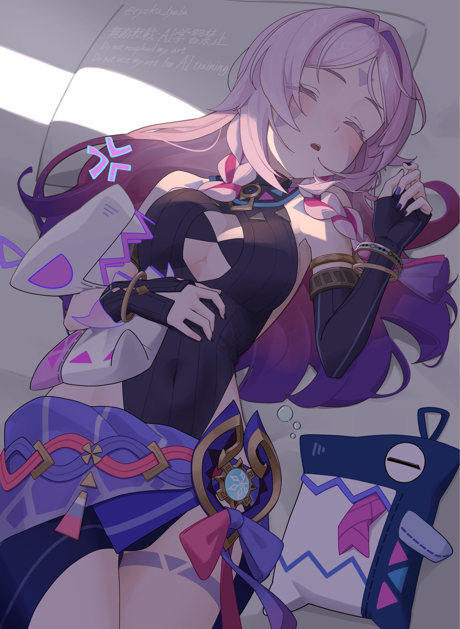 ryoku tyaba, citlali (genshin impact), itzpapa (genshin impact), genshin impact, commentary, highres, 1girl, anger vein, asymmetrical gloves, bare shoulders, bed sheet, black gloves, black leotard, blush, braid, breasts, cleavage, closed eyes, covered navel, facial mark, fingerless gloves, fingernails, forehead mark, gloves, leotard, long hair, lying, medium breasts, nail polish, on back, parted lips, pink hair, purple nails, sleeping, triangle, triangle facial mark, twin braids, uneven gloves, very long hair