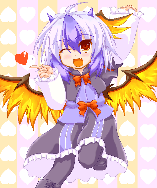 marimo (artist), marimo (pixiv4455), tokiko (touhou), curiosities of lotus asia, touhou, 1girl, fang, female focus, head wings, heart, multicolored hair, oekaki, pantyhose, solo, wings