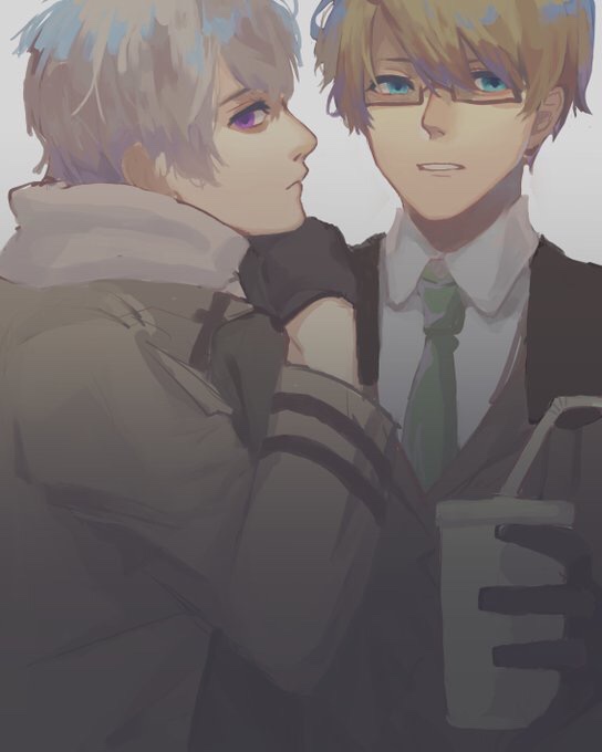 99ar99lf, america (hetalia), russia (hetalia), axis powers hetalia, commentary request, 2boys, black-framed eyewear, black gloves, blonde hair, blue eyes, brown coat, brown jacket, closed mouth, coat, collared shirt, cup, disposable cup, drinking straw, fur-trimmed jacket, fur trim, glasses, gloves, green necktie, grey hair, hair between eyes, hand on another's shoulder, hand up, holding, holding cup, jacket, long sleeves, looking at viewer, male focus, military jacket, military uniform, multiple boys, necktie, open clothes, open jacket, purple eyes, scarf, semi-rimless eyewear, shirt, short hair, simple background, teeth, upper body, white background, white scarf, white shirt