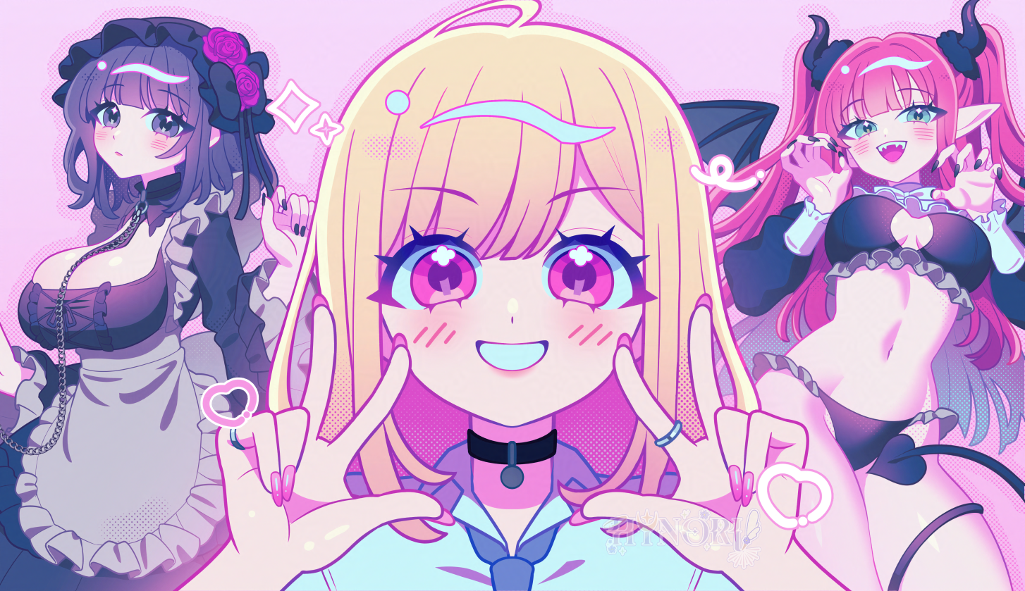 hynori, kitagawa marin, kuroe shizuku, rizu-kyun, sono bisque doll wa koi wo suru, 3girls, black bra, black dress, black hair, black hat, black panties, blonde hair, blush, bra, claw pose, cowboy shot, demon girl, demon horns, demon tail, double w, dress, fangs, hat, heart, horns, long hair, multiple girls, multiple views, open mouth, panties, pink background, pink theme, pointy ears, red hair, short hair, simple background, tail, two side up, underwear, upper body, w