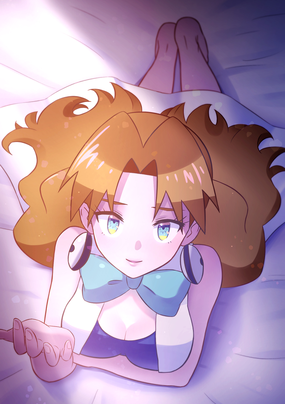 kikopoko11, molly hale, nintendo, pokemon, pokemon (anime), pokemon (classic anime), pokemon 3: the movie – spell of the unown: entei, highres, 1girl, aged up, blue bow, blue bowtie, blue dress, blue eyes, bow, bowtie, breasts, brown hair, cleavage, dress, earrings, jewelry, large breasts, long hair, looking at viewer, lying, on bed, on stomach, solo, white dress