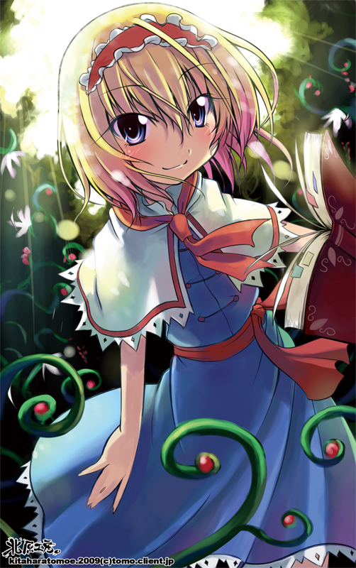 kitahara tomoe (kitahara koubou), alice margatroid, touhou, bad id, bad pixiv id, 1girl, blonde hair, blue eyes, book, capelet, female focus, hairband, short hair, solo