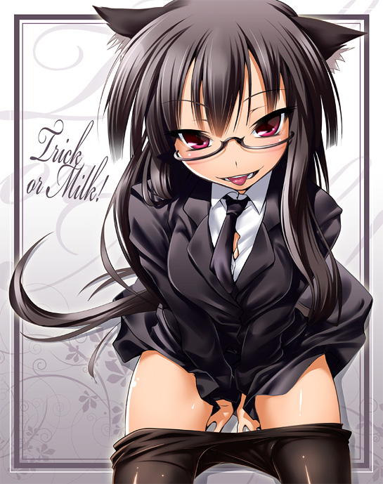 nilitsu, female protagonist (houkago play), houkago play, 1girl, animal ears, black hair, clothes pull, female focus, glasses, long hair, naughty face, necktie, pantyhose, pantyhose pull, pink eyes, school uniform, solo, tongue