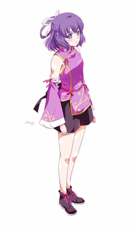 xiacheng tatsuya, rixia mao, eiyuu densetsu, zero no kiseki, 1girl, aged down, artist name, bare shoulders, black skirt, bob cut, chinese clothes, closed mouth, detached sleeves, double-parted bangs, dress, full body, hair between eyes, hair ribbon, hair rings, half updo, looking at viewer, purple eyes, purple hair, ribbon, shoes, short hair, simple background, skirt, solo, tachi-e, white background