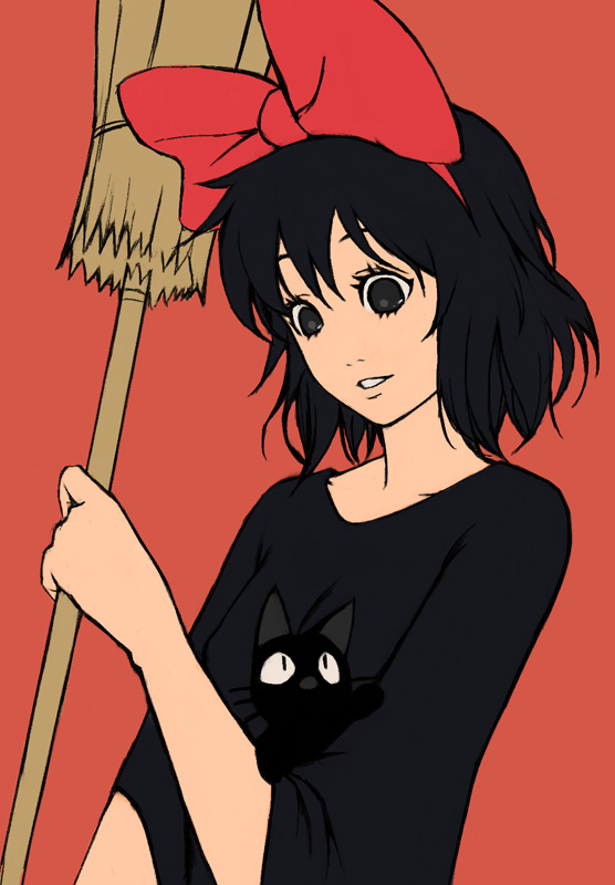 yuuji (and), jiji (majo no takkyuubin), kiki (majo no takkyuubin), majo no takkyuubin, studio ghibli, 1980s (style), bad id, bad pixiv id, 1girl, black cat, black eyes, black hair, bow, broom, cat, female focus, hair bow, hairband, oldschool, retro artstyle, short hair, solo