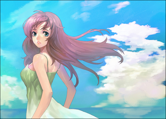 tob, 1girl, blue eyes, cloud, day, dress, female focus, long hair, ocean, outdoors, pink hair, refreshing, sky, solo