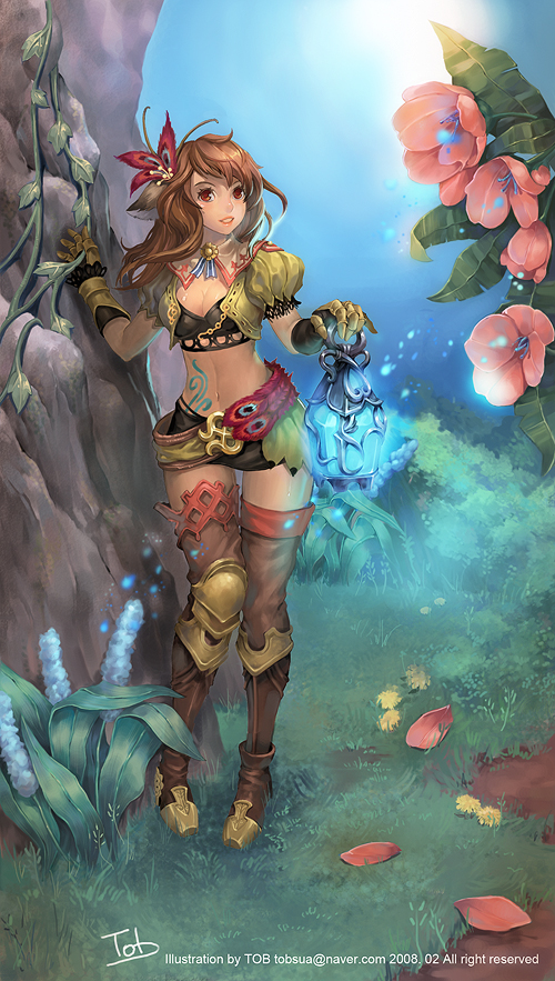 tob, original, 1girl, boots, bra, brown hair, female focus, gauntlets, lamp, legs, lingerie, lips, long hair, midriff, red eyes, shorts, solo, thighhighs, underwear