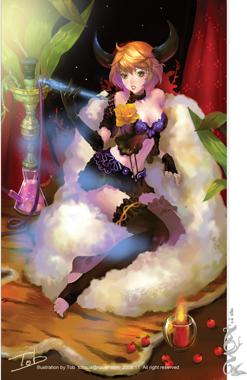 tob, original, toeless socks, blonde hair, camisole, candle, elbow gloves, fluffy, gloves, horns, legs, short hair, skirt, smoking pipe, thighhighs